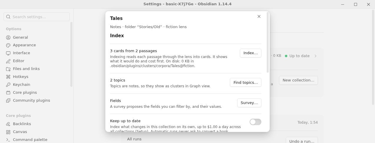 A collection's dialog: Index, topics, fields, Keep up to date, Search and Draft, its runs